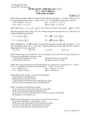 Đề thi học kì 1 năm học 2014 - 2015 môn  Vật lí, khối 12 thời gian 60 phút Trường THPT Trưng Vương